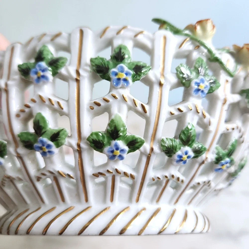 Vintage Dresden Floral Porcelain Basket‎ Reticulated Bowl Handles Cottage Decor
